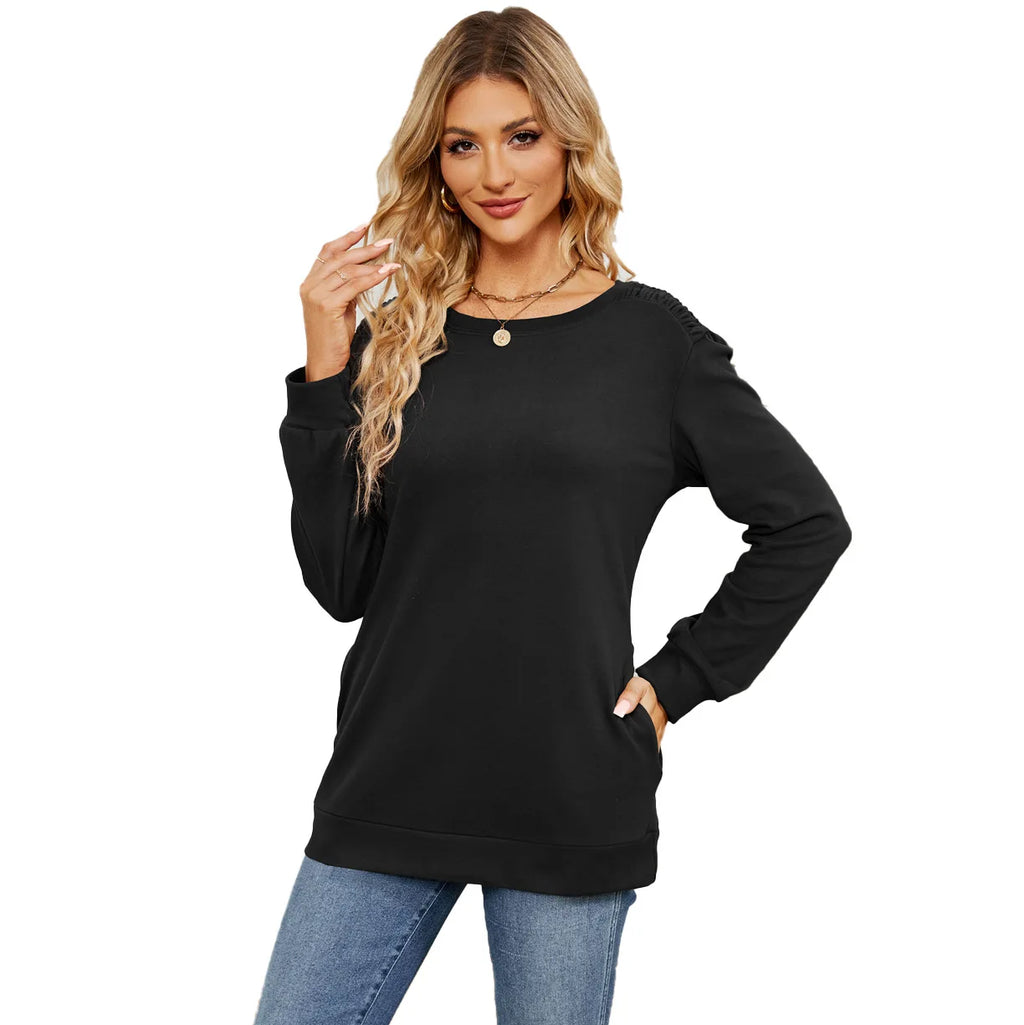 Women's Solid Color Round Neck Long Sleeve Sweater Autumn/Winter New Pocket Loose Casual Pulling Sweatshirt Women Clothing S-XXL