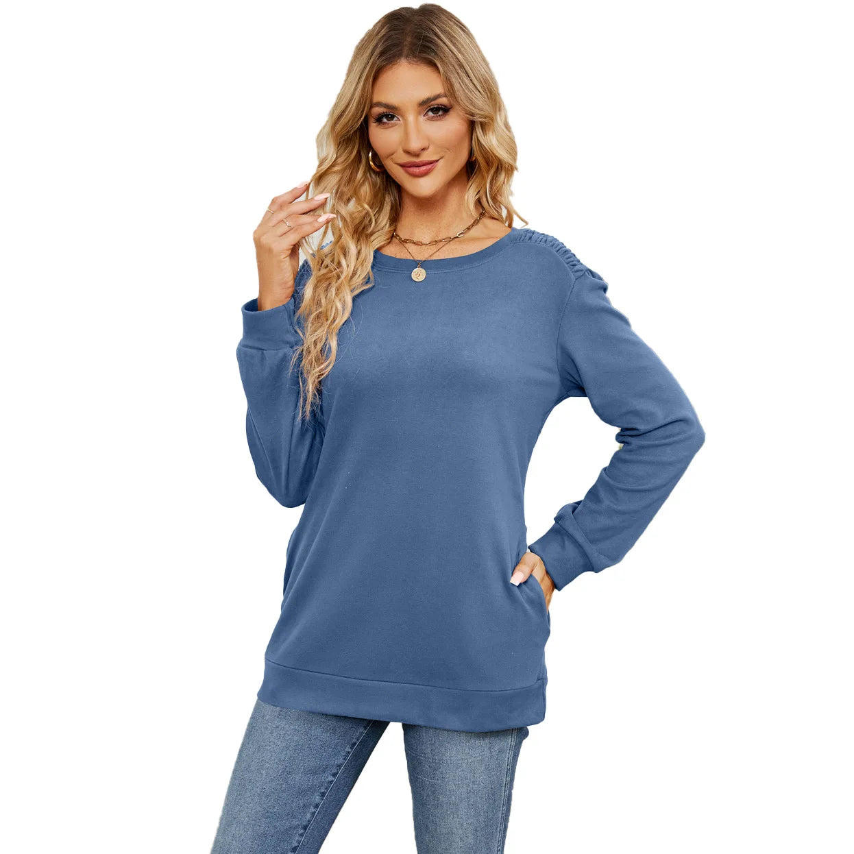 Women's Solid Color Round Neck Long Sleeve Sweater Autumn/Winter New Pocket Loose Casual Pulling Sweatshirt Women Clothing S-XXL