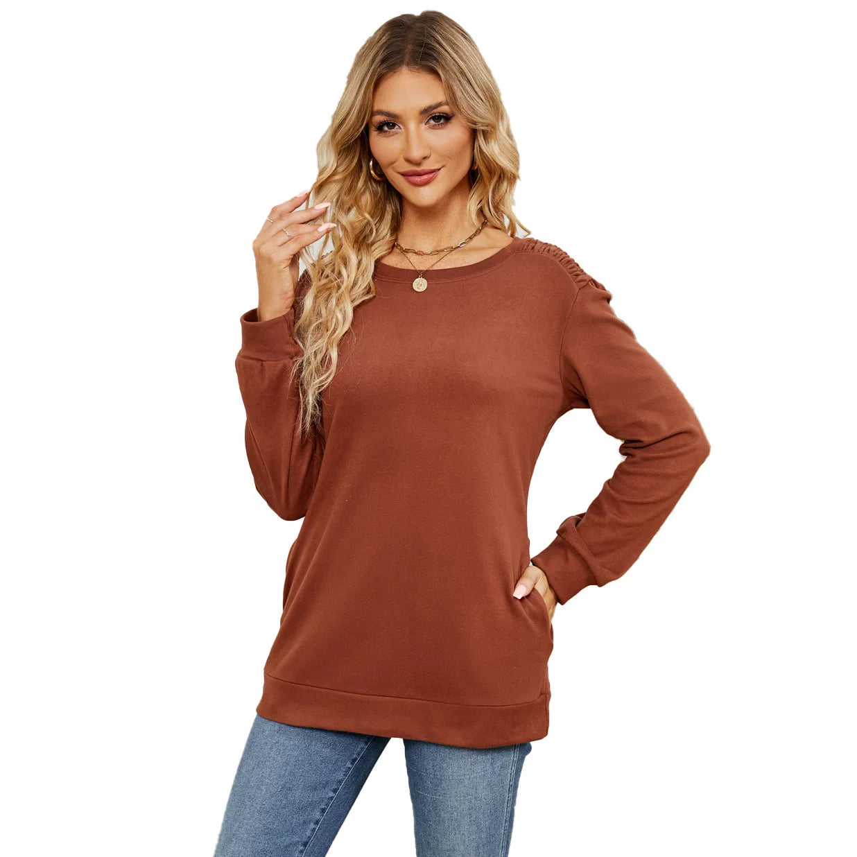 Women's Solid Color Round Neck Long Sleeve Sweater Autumn/Winter New Pocket Loose Casual Pulling Sweatshirt Women Clothing S-XXL
