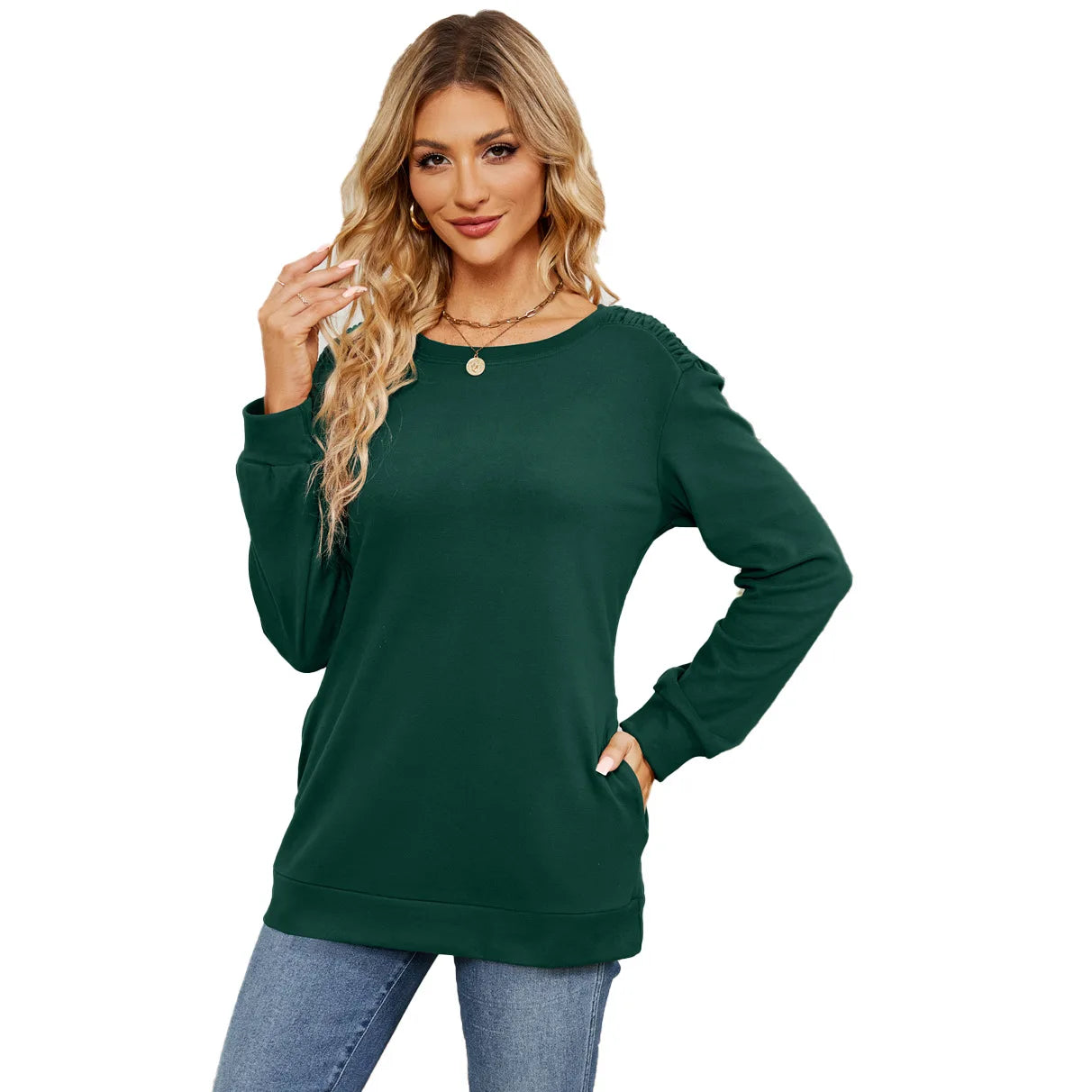 Women's Solid Color Round Neck Long Sleeve Sweater Autumn/Winter New Pocket Loose Casual Pulling Sweatshirt Women Clothing S-XXL