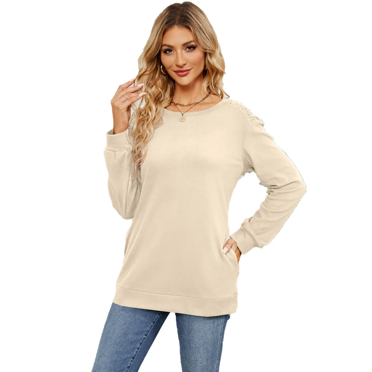 Women's Solid Color Round Neck Long Sleeve Sweater Autumn/Winter New Pocket Loose Casual Pulling Sweatshirt Women Clothing S-XXL